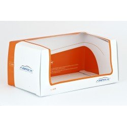Přebal Abrex na vitrínku (box, krabička) větší − oranžový a bílý − ABREX 1:43 − MADE IN THE CZECH REPUBLIC